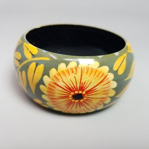Vintage Yellow Floral Wide Bangle Bracelet, Gray Background, Retro Estate - Picture 1 of 7